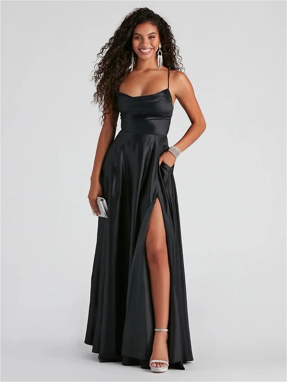 Windsor “Winslow” black satin cowl-neck lace-up maxi length formal dress (15/16)